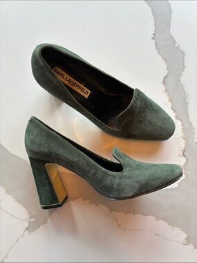 Karl Lagerfeld Paris Gracie Olive Suede Block Heel Pumps with Gold Accent